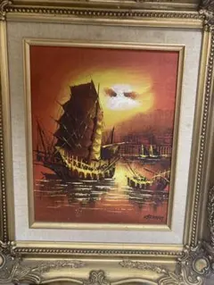 油彩画 船の風景 L. Stoney
