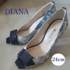 美品 DIANA 青白 花柄 オープントゥ パンプス ヒール ダイアナ バックル