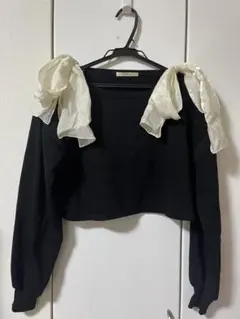 美品 ems excite 黒 クロップドトップス シフォンリボン付き