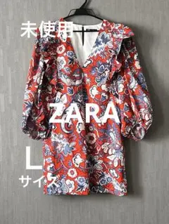 ま*ん様 ZARA ボタニカル柄　Vネック バルーン袖 ワンピース　未使用　Ｌサ