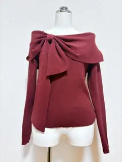 バーガンディ リボンニット