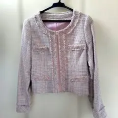 ノーカラーツイードジャケット ピンク系