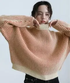 バイカラーリブ編みオーバーニット　オレンジ