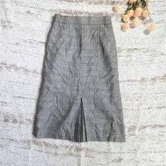 チェック ロングスカート【M相当】グレー ウエストゴム　日本製　ウール100%