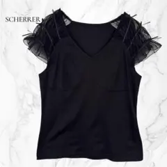 【シェレール】肩チュール フリル袖 トップス 黒 L コットン100% Tシャツ