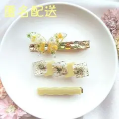 131　ヘアクリップ　３点セット　レジン　ドライフラワー　蝶々