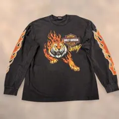00s ハーレー 袖フレイム ロンT L相当 黒 スカル ハーレーT ☆8709