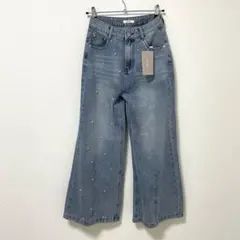 [未使用] mily bilet パール付き ワイドデニム ライトブルー M