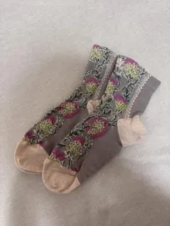 Tabio タビオ 花柄刺繍 グレー 毛混フロントアザミフロートショートソックス