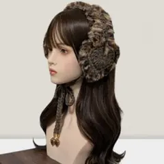 ハンドメイド イヤーマフ 耳あて ハートデザイン ブラウン ヒョウ柄 編み物
