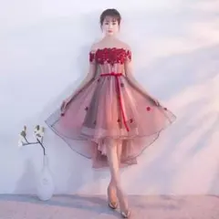 【美品】ピンク×レッド ドレス オフショルダー パーティー 結婚式 フォーマル♡