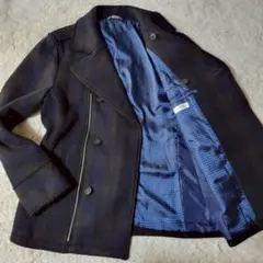 美品✨　ランバン　ライダース　Pコート　チェック　裏地千鳥格子柄　カットオフ　L