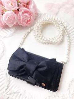 新作♡ブラックドットリボンスマホショルダー♡パール　スマホケース iPhone