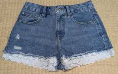 デニムショートパンツ レース裾付き