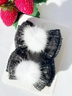 ツイードリボン　ポンポン　ヘアクリップ　ハンドメイド　C-52