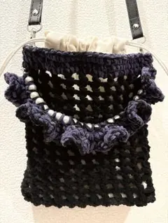 ハンドメイド☆ショルダーバッグ 黒紫フリル☆パール☆クロミ好きさん