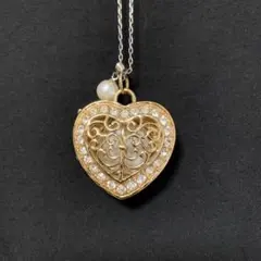 美品 スワロフスキー ハートインハート 立体 ネックレス 透かし ピンク 