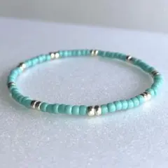 ガラスビーズブレスレット　ターコイズグリーン　シルバー