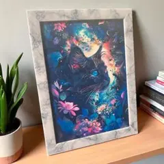 猫アートポスター 2L額縁付き インテリア 絵画 かわいい 猫雑貨 プレゼント