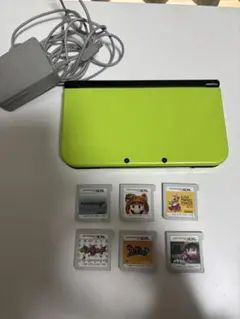 Newニンテンドー3DS LL ライム×ブラック本体と純正コード、ソフト6個付き