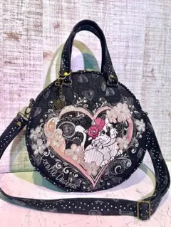 ロラライハリス♡ブラックハートデニム♡刺繍のまん丸タンバリンショルダーバッグ♡