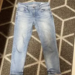 スキニーデニム ライトブルー フリンジ裾