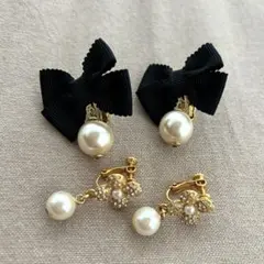 イヤリング 2個 セット リボン パール ゴールド