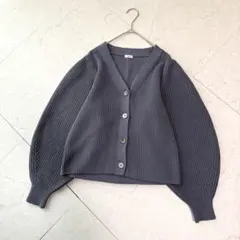 美品 IENA 片畦ボリュームスリーブ Vネックカーディガン ブルー