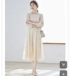 リボン＆パール付きハイウエスト切り替えレースドッキング七分袖ワンピース