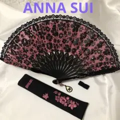 ANNA SUI 花と蝶柄　扇子 ピンク・黒