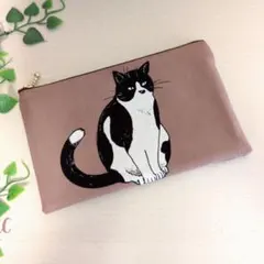 ポケット付きフラットポーチ ハチワレ猫柄
