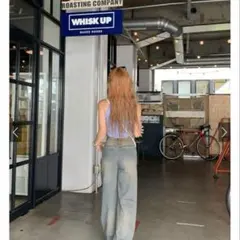 ダメージデニムワイドパンツ （ブルー）XS