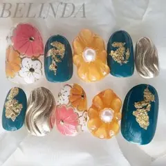 成人式 振袖 和柄 モスグリーン 花柄 ぷっくり フラワー ネイルチップ 前撮り