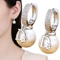 Dロゴ スター シルバー パール czダイヤモンドフープピアス リングピアス