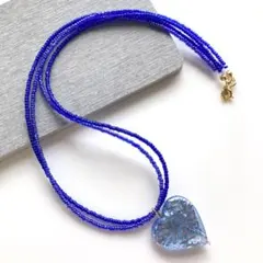ベネチアン風ガラス　ハート青　ハンドメイド　ビーズネックレス