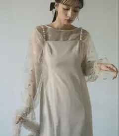 パールストラップレイヤードキャミドレス/マルチWAY/チュールラメ刺繍トップス