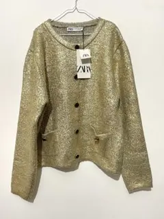 ZARA ゴールド ノーカラージャケットカーディガン　L