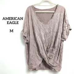 古着 アメリカンイーグル くすみ ピンク Vネック 半袖 デザイン Tシャツ M
