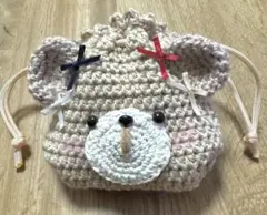 くまちゃんの巾着袋　おめかしリボン　ハンドメイド　かぎ針編み　一点もの