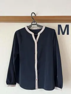 ハニーズ GLACIER 配色ブラウス シャツ バイカラー 長袖 ネイビー M