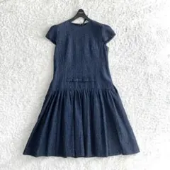 美品✨フォクシー ジャガード ワンピース フレア Aライン リボン ネイビー M