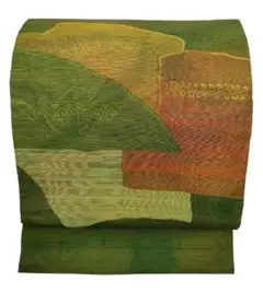 名古屋帯 紬織 緑 グラデーション 幾何学文様 艶あり 上質 洒落帯 都会的