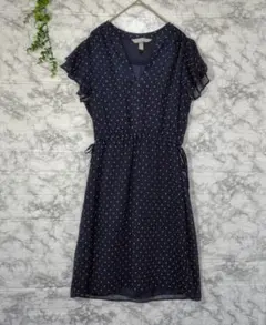 H&M　フリル　フレンチスリーブ　膝丈ワンピース　Vネック　ネイビー