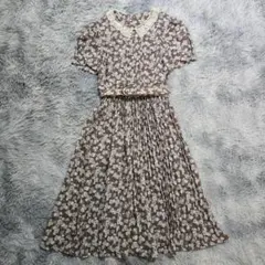 レトロ✨LOVE RICH レース襟 花柄プリーツワンピース ベルト 茶 11