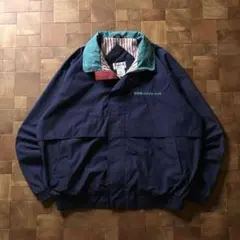 90s マカオ製　US企業ロゴ　ナイロンジャケット　スイングトップ　ネイビー