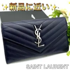 新品に近い❣️サンローラン Vステッチ 　カサンドラ ネイビー　長財布　O81