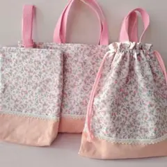 入園入学グッズ レッスンバッグ 上履き入れ 体操服袋 巾着袋 小花柄 いちご