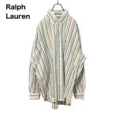 【ロゴ刺繍】ラルフローレン　ボタンダウン長袖シャツ　ストライプ　マルチ　XL