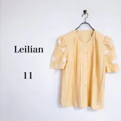 Leilian（11）刺繍デザインブラウス　イエロー　半袖　肩パッド　上品のサムネイル