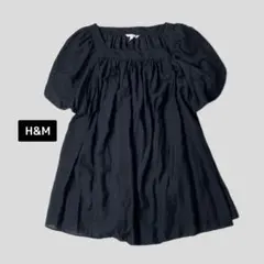 H&M スクエアネック パフスリーブ チュニックワンピース XL ブラックのサムネイル